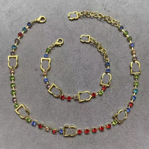 

vintage letter red green crystal patchwork neck chain necklace earring luxury classic clavicle chain brass necklaces bracelet women's j, Silver
