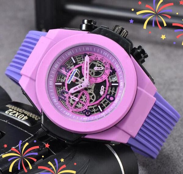 

popular mens hollow skeleton dial watches satch colorful rubber belt clock quartz movement chronograph sub dials working vintage all the cri, Slivery;brown