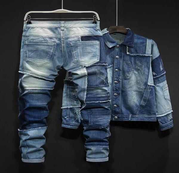 

2022 tracksuits personality blue men039s sets mixed colors spliced loose denim two piece set long sleeve single breasted jacket8487490, Gray
