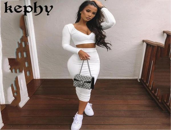 

white two piece set vneck long sleeve crop long skirt set party clothing sets outfit women two piece outfits 202011465563