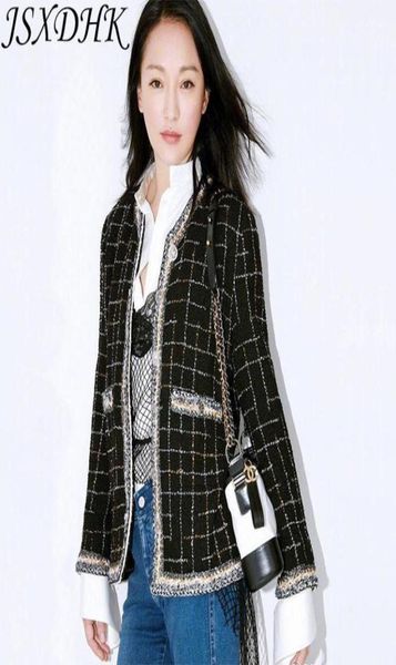 

jsxdhk runway women tweed jacket autumn winter plaid black tassel weave coat vintage single breasted outerwear s3xl15245366, Black;brown