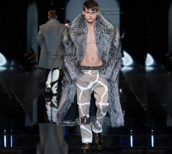 

warm faux silver fox fur coat mens leather jacket men long trench coat villus suit collar winter loose thermal england outerwear3055337, Black