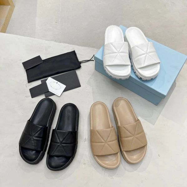 

triangle quilted platform leather sole slippers slide summer sandals slip-on shoes flats sandal for women luxury designer slides slipper fac, Black