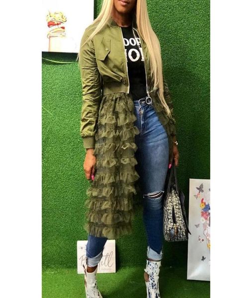 

2020 autumn fashion women lady mesh lace splice coats long sleeve zipper frill tulle tutu long jacket casual women outerwear8417201, Black;brown