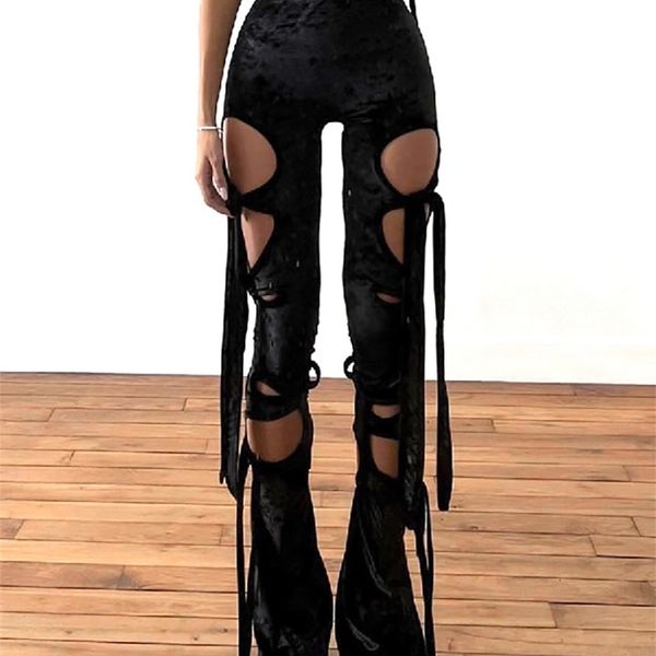 

women's pants capris goth dark velvet hollow out mall gothic pencil pants grunge aesthetic punk high waist trousers y2k bandage women a, Black;white