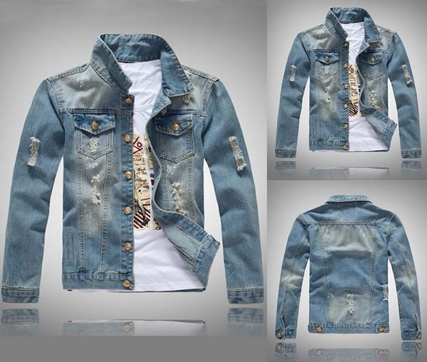 

slim fit men denim blue jeans coat long sleeve holes jacket spring casual male streetwear cowboy button vintage jackets9820717, Black;brown