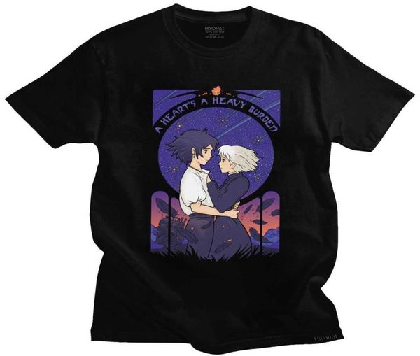 

fashion howl039s moving castle a heart039s a heavy burden t shirt men short sleeved ghibli miyazaki anime tshirt cotton man8636217, White;black