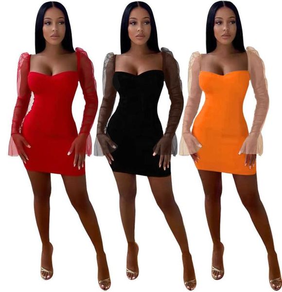 

women mesh stitching flare puff sleeve square neck dress mini spring slim fashion chic valentine dresses women4243298, Black;gray