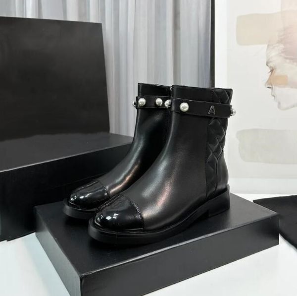 

2023 latest women's boots round toe low heel panel zipper buckle with pearl decoration formal casual banquet work party vacation matchi, Black