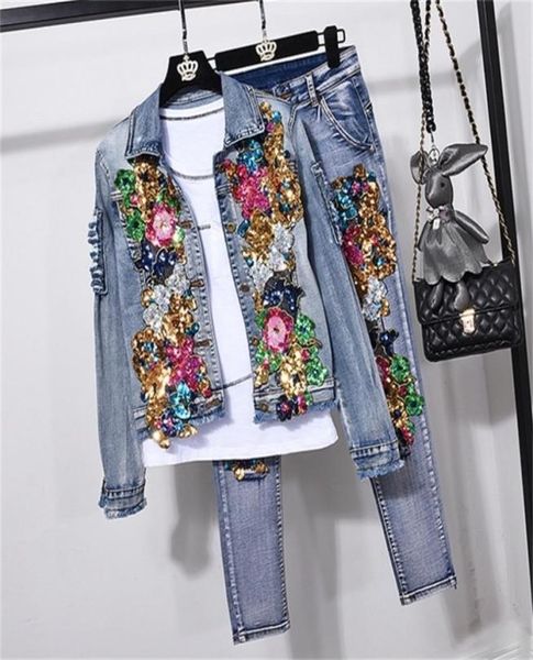 

european style denim suit fashion outfit women new flower sequined denim jacket short jacket jeans pants two piece set female lj204360021, White