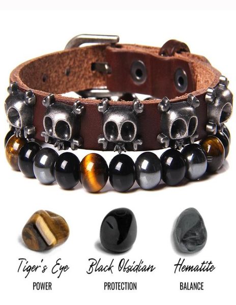 

beaded strands punk gothic rock skull bracelet natural tiger eye stone bracelets for men hematite obsidian energy balance leather6209917, Black