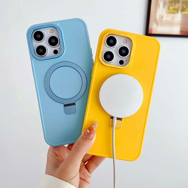 

solid color magnetic back cover for iphone 14 13 12 11 xs pro max plus x xr with metal lens frame ring holder phone magsafe case