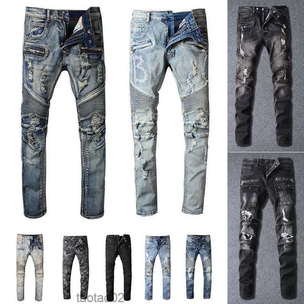 

mens designer jeans distressed ripped biker slim fit motorcycle bikers denim for men s fashion mans black pants pour hommesq2my, Blue