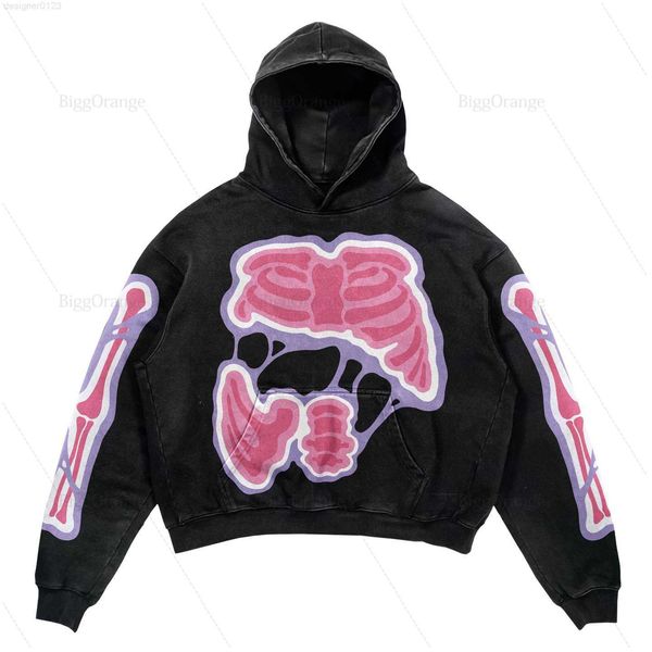 

y2k skull print hoodie streetwear harajuku oversized skull vintage couples sweatshirt goth hoodies men clothing, Black