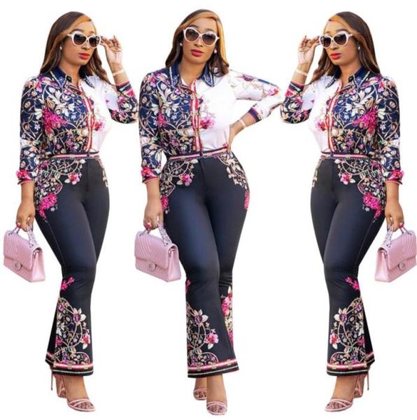 

latest autumn floral printed elegant women two pieces outfits long sleeves buttons shirt and long pants lady pantsuits real pictur8523436, White
