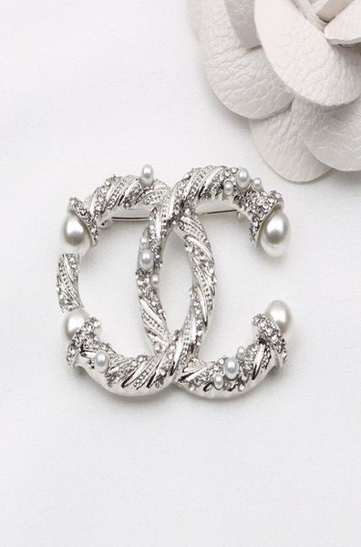 

luxury brand designer double letter pins brooches women gold silver inlay crystal pearl rhinestone cape buckle brooch suit pin wed3429874, Gray