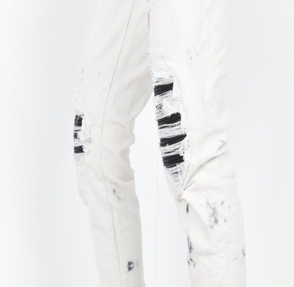

men black pu ribbed patch stretchy distressed dirty white jeans1572503, Blue