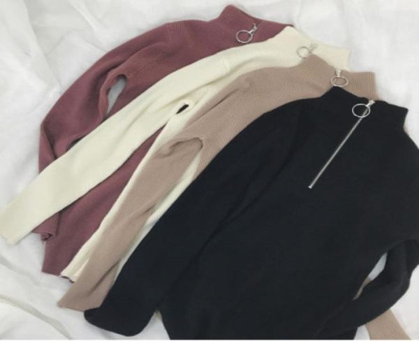 

korean knitted turtleneck sweater womenautumn winter zipper up solid color slim knitting pullovers big size pull femme t2001015858714, White;black