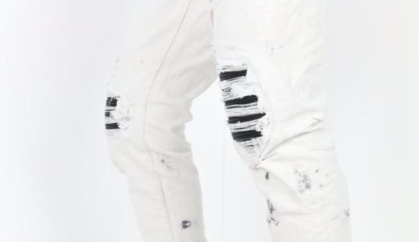 

men black pu ribbed patch stretchy distressed dirty white jeans9206190, Blue