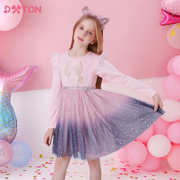 

girl s dresses dxton girls sequined children unicorn print dress long sleeve birthday party toddlers tulle princess 230814, Red;yellow