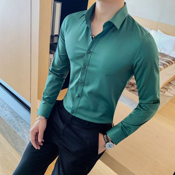 

men's casual shirts solid dress shirt men long sleeve fashion slim male social casual business shirt black white green dress shirt 2308, White;black