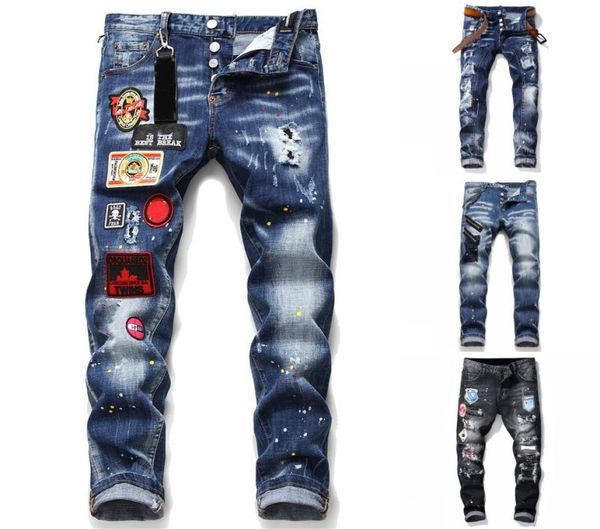 

mens distressed rips stretch black jeans fashion slim fit washed motocycle denim pants panelled hip hop trousers t10599881204, Blue