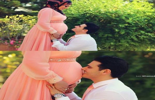 

modest pink maternity muslim evening dresses for pregnant women long sleeves high neck beaded dubai hijab abaya kaftan prom dresse7384215, Black;red