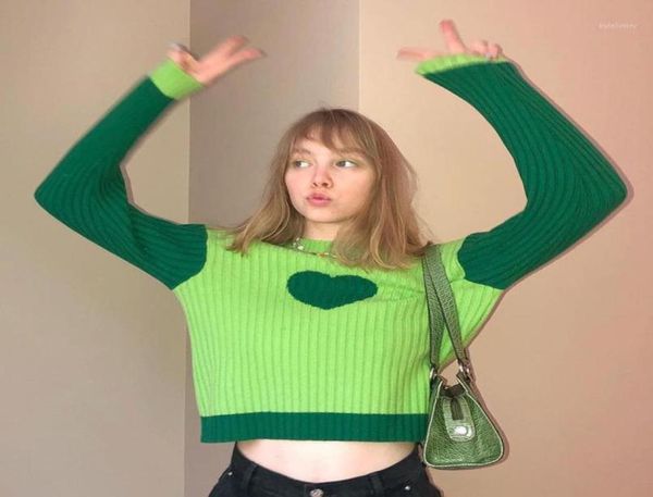 

women039s sweaters 2021 heart print sweater women long sleeve autumn winter green knitted pullover casual fashion patchwork2396075, White;black