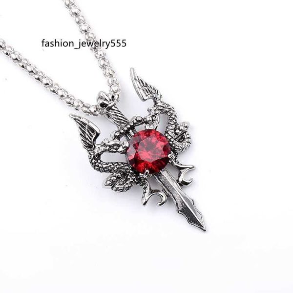 

pendant necklaces men dragon guard sword pendant necklace stainless steel chains with black zircon stone for male biker vintage fashion jewe, Silver