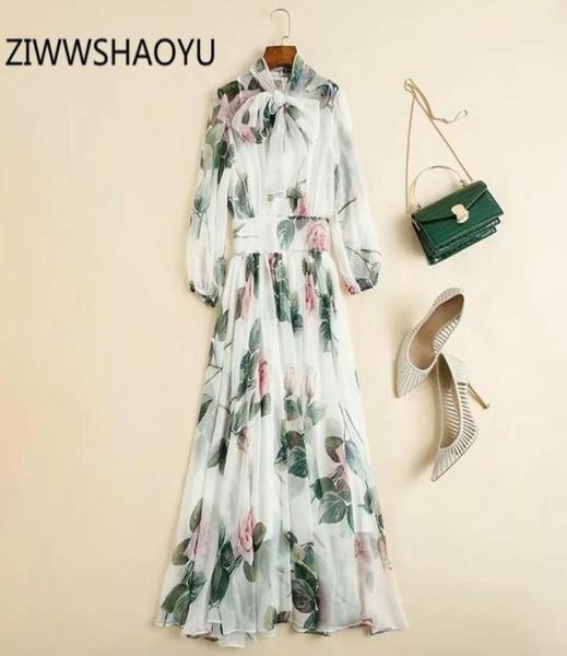 

female summer elegant fashion midi dresses runway designer women bow tie floral print high waist flowy dress casual1568045, Black;gray
