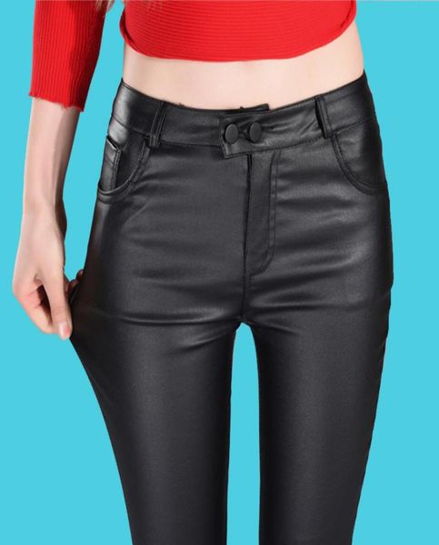 

new summer autumn women ladies black faux pu leather pants women female high waist elastic stretch slim pencil trousers5211797, Black;white