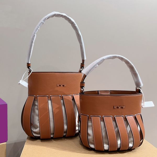 

hollow out bucket bag vegetable basket women handbags fashion shoulder bags leather silver hardware magnetic buckle cell phone pocket travel
