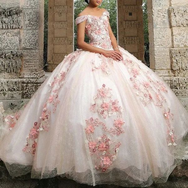 

pink lovely ball gown quinceanera dresses 2023 sweetheart off shoulder appliques beading flower sweet girls birthday costume, Blue;red
