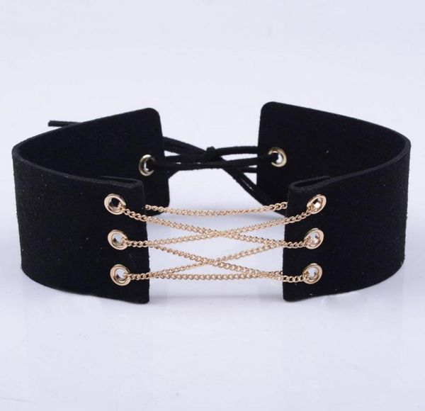 

whole women syede lace up choker necklace thick 5 color velvet corset leather choker collares wrap clavicle gothic choker1256176, Golden;silver