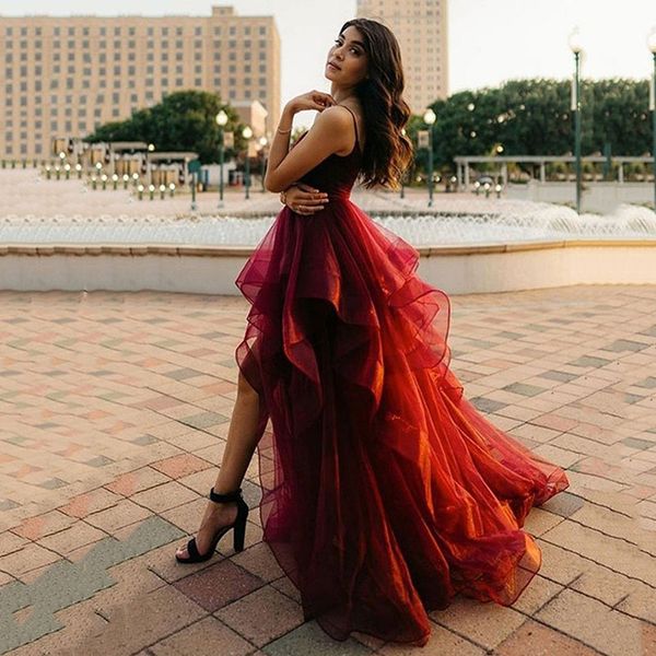 

burgundy fluffy tulle high low long prom dresses 2023 spaghetti straps women formal party dress popular evening robes de soiree, Black;red