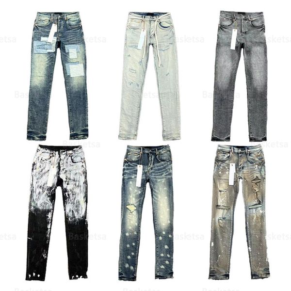 

purple jeans designer stacked jeans for men mens ripped straight regular jeans denim tears washed old long black jeans biker grey paint14, Blue