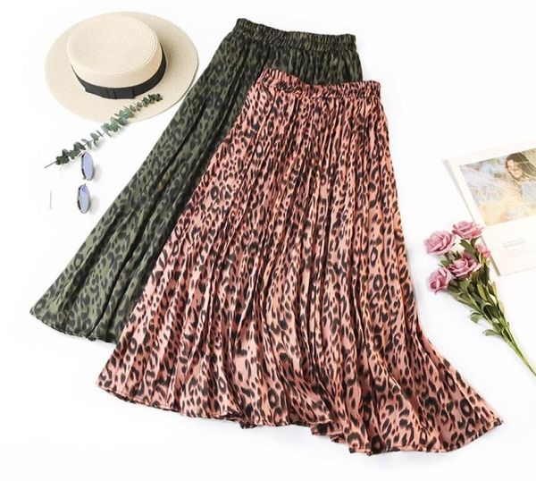 

summer women casual fashion leopard print long skirt elastic waist pleated silk touch aline summer skirt2161431, Black