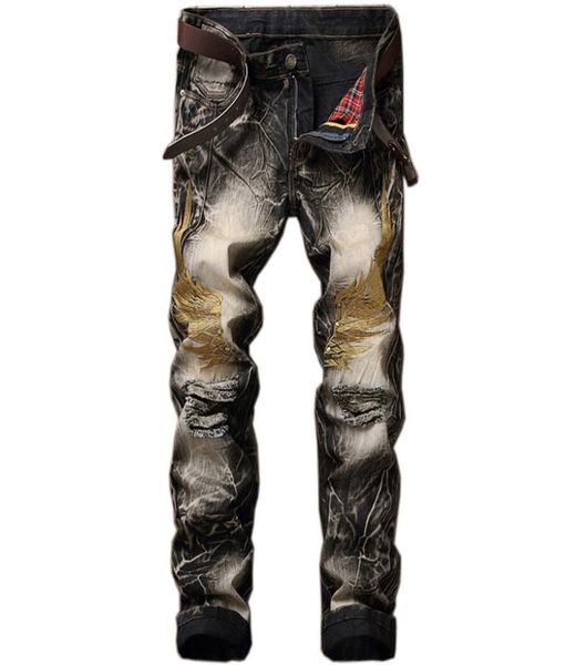 

mens personalized wing embroidery jeans 2019 fashion men motocycle denim trousers straight washed multi zipper male street pants1463611, Blue