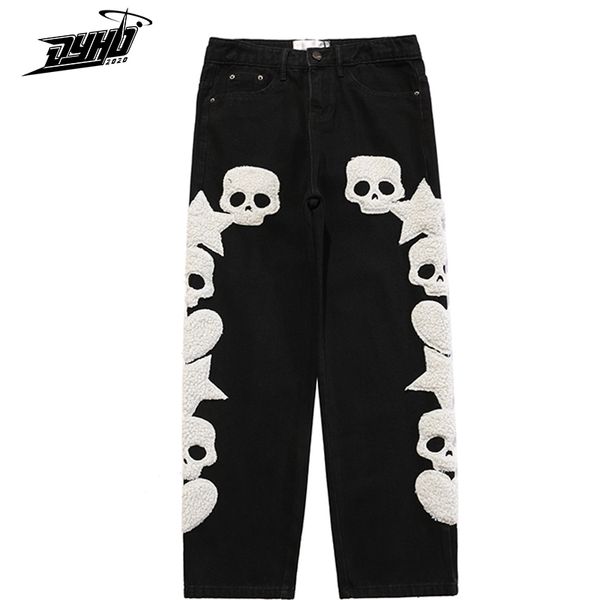 

men s pants vintage pocket skull embroidery straight cargo men and women oversize jeans trousers harajuku streetwear denim 230814, Black