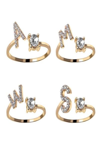 

26 alphabet english letter band rings diamond gold silver adjustable ring for women girls whole7523140