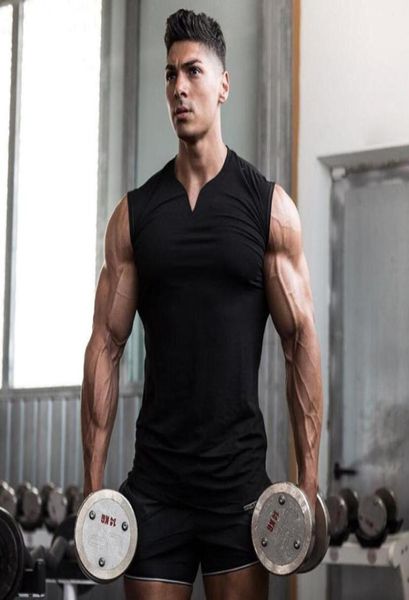 

gym clothing v neck compression sleeveless shirt fitness mens tank cotton bodybuilding stringer tanksinglet workout vest693250325, White;black