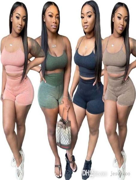 

designer womens rib knnited tracksuits casual outfits sling shorts two piece women set6116860, Gray