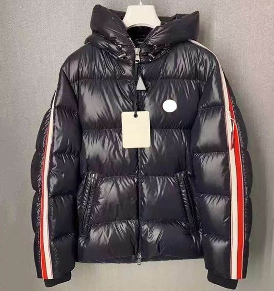 

sleeve color stripe mens down jacket chest badge hooded puffer jacket aaa quality coat size 1--5, Black