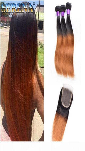 

colored brazilian hair weave bundles with closure silky straight dark root t 1b 30 human hair extensions ombre brown hair short bo8911419, Black;brown