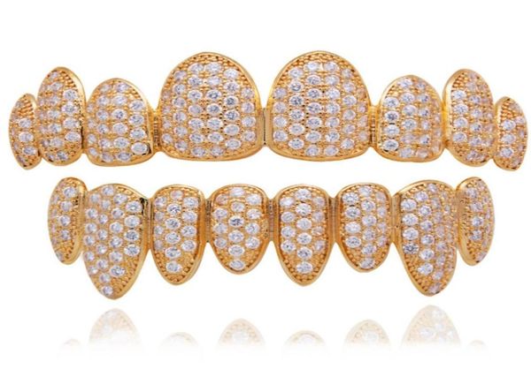 

luxury real gold rose gold white gold vampire grillz iced out fang grills full diamond cosplay tooth cap dental mouth teeth brac189295436, Black