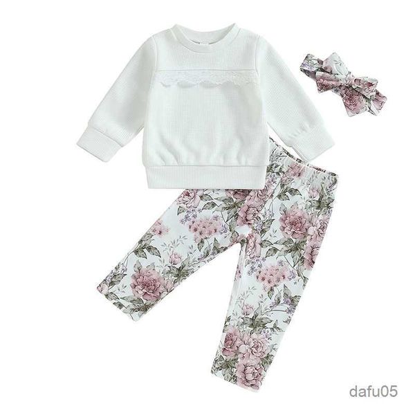 

clothing sets baby girls 3 piece clothes long sleeves waffle and elastic floral pants headband fall outfits set r230814, White