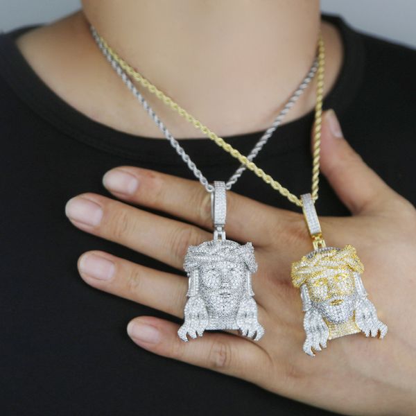 Fashion Designer Bg Jesus Christ Head Pendant Charm Necklace Hip Hop Women Men Full Paved Pink Blue 5A Cubic Zirconia Party Gift Jewelry