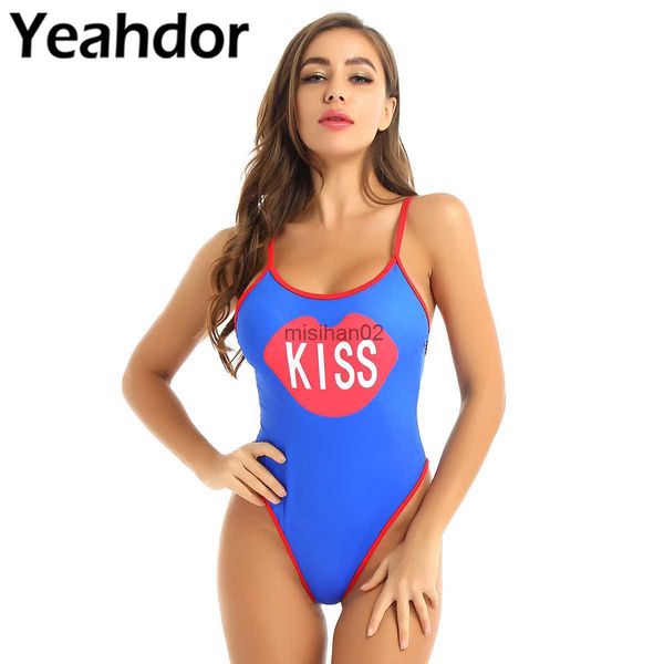 

jumpsuits rompers womens bodysuit one-piece kiss printed spaghetti straps low back padded push up bodysuits swimsuits woman monokini swimwea, Black;white