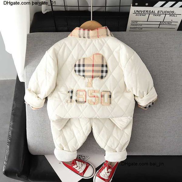

autumn winter girls clothes set plus velvet two-piece set boy kids cotton coats and pants children's clothing1-5y, White