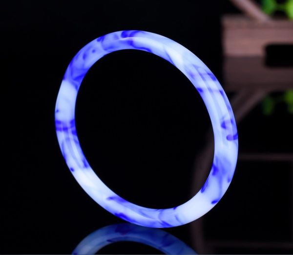 

xinjiang an fine circle bangle natural color jade floating blue flower bracelet9005045, Black